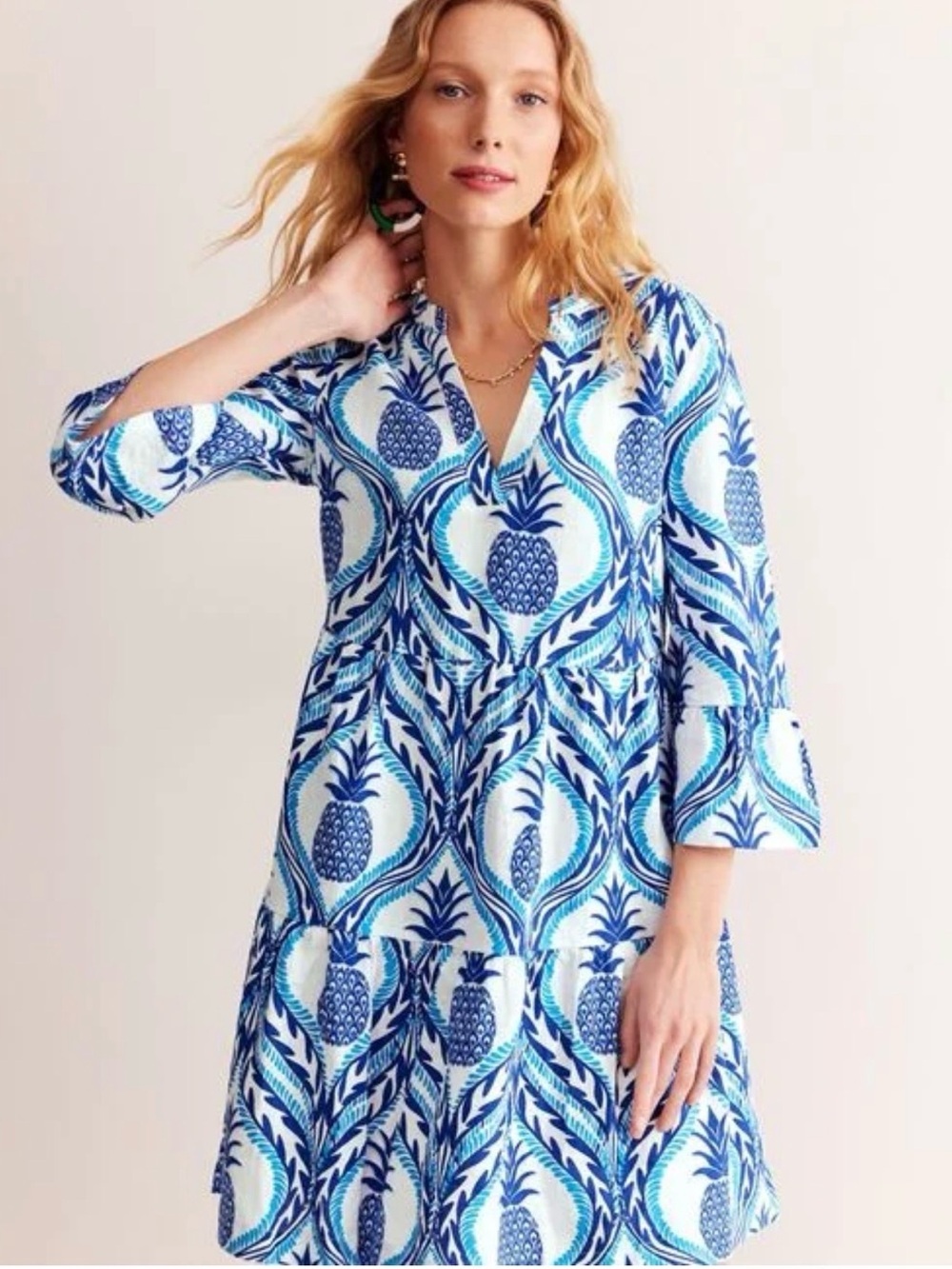 Boden 10 Sophia linen white-blue pineapple cottagecore shabby chic midi dress